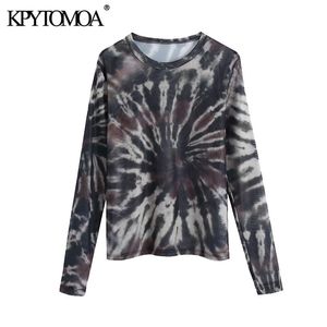 Women Sexy Fashion See Through Tie-dye Print Tulle Blouses O Neck Long Sleeve Female Shirts Chic Tops 210420