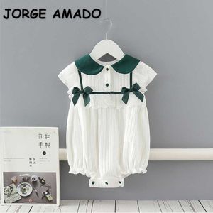 Atacado verão meninas bodysuits manga curta laço verde princesa algodão romper bebê menina roupa e9206 210610