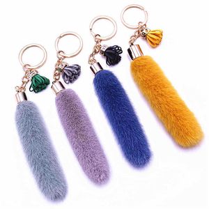 Cute Rectangle Rabbit Fur Plush Toys Pendant Key Chain For Women Fashion Bag Hanger Car Colorful Keychain G1019