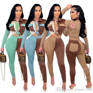 Women Two Piece Pants Set Contrast Color Chic Tracksuits Designer Stitching Shirt And Leggings Fashion Hip Lifting Sexy Clothing