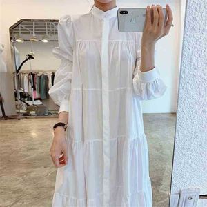 Korean Long Dress Spring Autumn Sleeve Single-breasted Puff White Dresses Woman Causal A Line Loose 210525