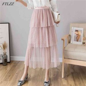 Spring Women Dot Medium Sweet Ruffles Mesh Skirt Casual Female High Waist Tulles Ins Cake Pleated Skirts 210430