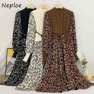 Neploe Fashion Fake Two Piece Patchwork Knit Dress Women High Waist Hip Sashes A Line Print Vestidos O Neck Long Sleeve Robe 210423