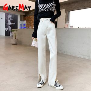 Straight Leg White Jeans Women Loose High Waist Mom Front Side Slit Denim Pants Vintage Stacked 210428