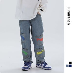 Firmranch Men/Women Tadpole Homme Hip Hop Print Multi-pocket Pants Straight Loose Long Denim Jeans For Men