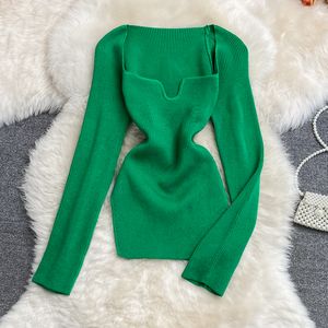 Autumn winter new design women's square collar long sleeve knitted candy color sweater tops jumper