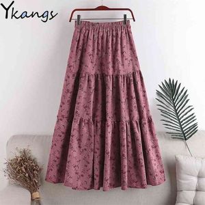 Vintage plus size mulheres floral corduroy maxi saia plissada elástica cintura alta inverno longa saias coreanas feminina uma linha faldas 210421