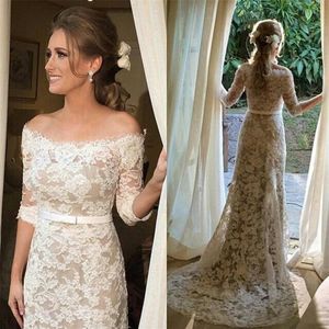 Boat Neck Lace Wedding Gown Off-the-shoulder Mid Sleeves Champagne Ivory Sheath Half Sleeves Wedding Dress Vestido de Noiva272A