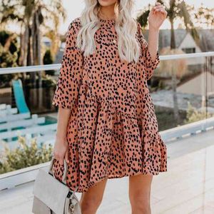 Casual Leopard Print Summer Kvinnor Klänning Plus Storlek Lös Streetwear Svart Animal Print Dress Vestidos 210415