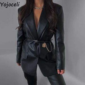 Yojoceli Elegant turn down collar black women leather jacket Autumn slim casual fashion Warm cool female coats 210609