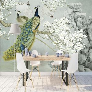 Tapety Chiński Styl Peacock White Magnolia Kwiat Niestandardowy Mural Home Decor Samoprzylepna Po Wallpaper Sypialnia Papier ścienny 3D