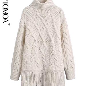 KPytomoa mulheres moda com borla espessa chama quente-knit suéter vintage pescoço longo manga comprida fêmea tops chique tops 211123