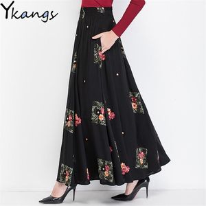 ビンテージ秋のコットンリネンプラスサイズのママブラックロングスカート女性弾性ハイウエスト刺繍スカート女性のポケット服210421