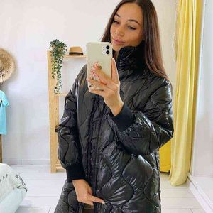 Down Cotton Coat Women's Long Stand Collar Winter Korean Version of Bright Over-the-knee Cotton-padded Jacket Coat 211130