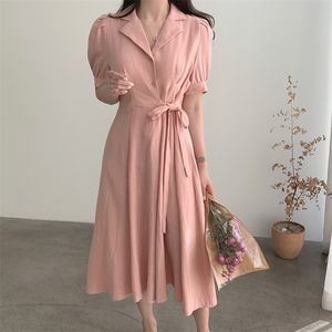 Frauen Sommer Leinen Kleid Retro Hemd Bandage Taille Spitze-up Aprikose Rosa Robe Lose Kleidung Chic 16W1038 210510