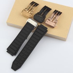 Watch Bands Black 29x19mm Convex Mouth Rubber Watchband For HUBLO T Big Ban G Stainless Steel Deployment Clasp Strap