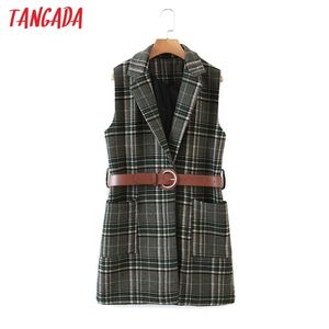 women khaki plaid pattern long vest coat with belt office ladies waistcoat sleeveless blazer elegant top 3A15 210416
