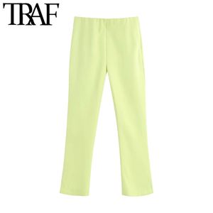 TRAF Mulheres Chic Moda Escritório Desgaste Mini Flare Calças Vintage Cintura Alta Cintura Zíper Feminino Calças Calças Pantalones 210415