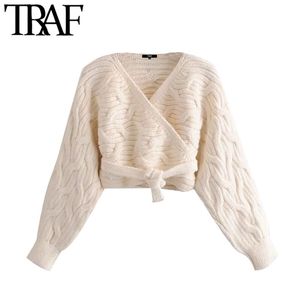 TRAF Women Fashion Wrap Tied Hem Cropped Cable-Knit Cardigan Sweater Vintage Long Sleeve Female Outerwear Chic Tops 210415