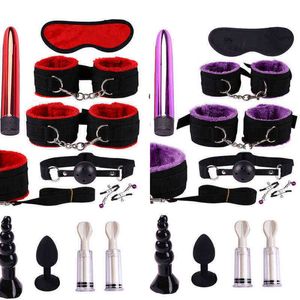 NXY SM Bondage Vrdios Sexprodukter för kvinnor BDSM Set Handbojor Dildo Vibrator Butt Anal Plug Whip Slave Games Leksaker Restrecks Kits 1223