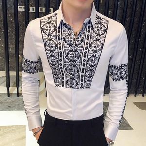 Mens Retro kontrasttryck bröllopströjor 2021 skarvskjorta för män blomma party vintage camisa social maskulina mäns klänning