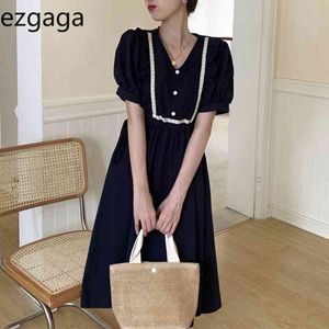 Ezgaga Preppy Style Manica a sbuffo Midi Dress Donna con scollo a V Bottone Estate New Ruffles Gentle Elegante Vita alta Dolce Casual 210430