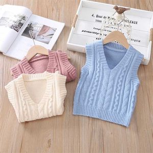 Bebê crianças meninos e meninas v-pescoço sem mangas twist knit colete de lã pulôver camisola para crianças outono menina roupas 211203