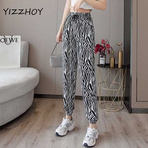 Yizzhoy novo verão feminino high street xadrez zebra impressão fina calça mulheres moda elástico cintura lace-up chiffon harem calças q0801
