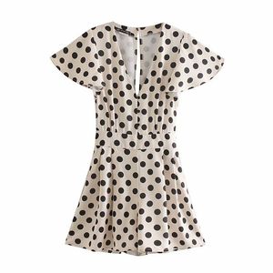 Kadınlar Tatlı Polka Dot Baskı Playsuits Kadın Cepler Pileli Düğme Plaj Tarzı Kısa Kollu Rahat Kadın Tulumlar Yeni 210422