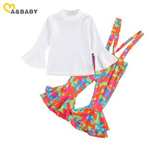 1-6Y Toddler Kid Girls Kläder Set Vit Ruffles Toppar Tie Dye Flare Byxor Outfits Barnkläder Höstdräkter 210515