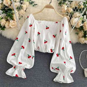 Spring And Autumn Cherry Print Square Neck Top Women's French Retro One-shoulder Puff Sleeve Short Cute Long Shirt 210514