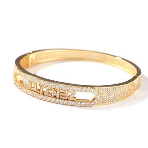 Custom Hiphop Jewelry 18k Gold Plated Personalized Name Bling Zircon Iced Initial Combined Open Cuff Bangle Bracelet for Women