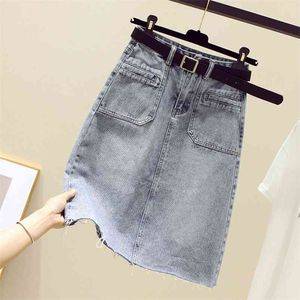 Summer Women Cowboy Skirt Spring Solid Color Casual High Waist A-line s Simplicity Slim Denim With Belt 210430