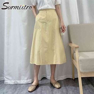 Spring Summer Cotton Long Skirts Women Elegant Korean Style Yellow Aesthetic High Waist Midi Skirt Female Ladies 210421