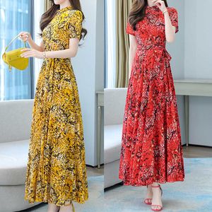 韓国のシフォンの女性のドレス赤い花の半袖ジッパーES女性自然なしの長いKawaii AラインES 210604
