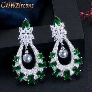 Luxo quadrado esmeralda esmeralda verde zircão cristal longo gota prata casamento noiva brincos de baile com pérola cinza CZ632 210714
