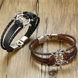 Vnox Vintage Rudder Charm Bracelet for Men Multi-layer Leather Rope Bracelets Bangles 7.87" pulseira masculina