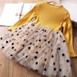 Höst Girl Dress Winter Baby European American Fashion Long Sleeve Kläder Star Net Garn Princess 210625