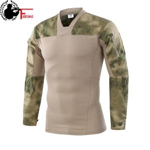 Camouflage Army Tactical T Shirt Men Långärmad Militär Combat Male T Shirt Sträcka Bomull Camo Paintball Patchwork Tee Shirt 210518