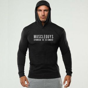 Muscleguys Brand Clothing Fitness Long Sleeve Hooded T Shirt Men Cotton Slim Fit Tee Shirt Gym Bodybuilding Sportwear Tshirt 210421