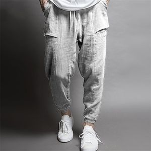 Высококачественные мужские хип-хоп Хлопковые льняные брюки Друкстринг талии карманные свободные карандаш случайные гарема спортивные штаны брюки 210715