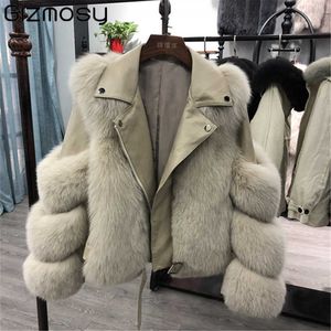 GizMosy Fashion Faux 여우 모피 코트 여성 겨울 오토바이 PU 가죽 칼라 따뜻한 재킷 outwear 럭셔리 여성 2021 Y0829