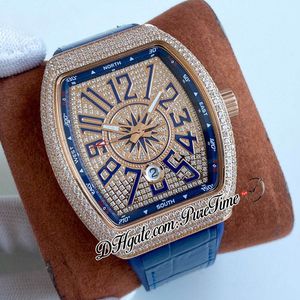 Vanguard v 45 Sc DT Automatic Mens Watch 18K Rose Gold Diamonds Diamond Dial Dial Big Number Markers Blue Rubber Leather Strap Watch