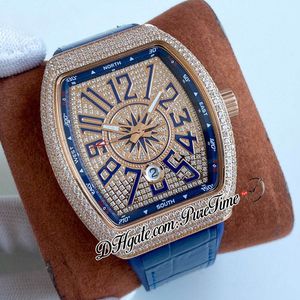 Vanguard V 45 SC DT Orologio da uomo automatico Cassa in oro rosa 18 carati con pavé di diamanti Quadrante con diamanti Indicatori di numeri grandi Cinturino in pelle di caucciù blu Orologi 6 Stili Puretime F02f6