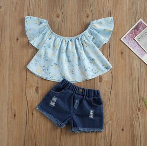 Barn baby tjejer sommar kläder sätter barn av axel blommiga toppar + denim shorts jeans mode kid outfits