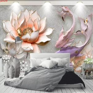 Özel duvar duvar resim sergisi modern 3D kabartmalı lotus çiçek balık fotoğraf duvar kağıdı yatak odası oturma odası için kanepe tv arka plan wallgood quatity
