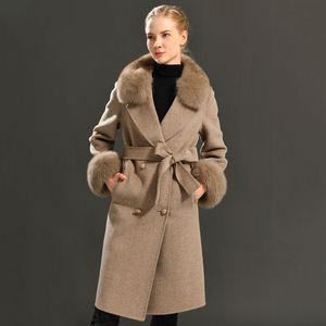 Design Womens Wool Coat Spring Real Fox Fur Collar Woolen Jacket Adjustable Waist Slim Ladies Long Overcoat