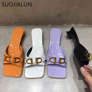 Suojialun novo design de marca de ouro fivela mulheres peep toe deslizamento em slides casuais quadrados quadrado casa de salto baixo outdoor flip flop sandálias c0407