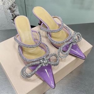 Projektant High Heel Sandals Kobiety Bow Knot Bling Kryształ Klapki Szpiczaste Panie Szpilki Obcasy Mules Letnie Party Wedding Buty Kobieta