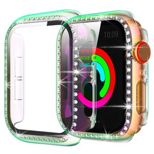 Para a Apple Watch Series 7 45mm Casos Banhado Hard PC Bling Diamond Cover com protetor de tela de vidro temperado Compatível 41mm 44mm 42mm 40mm 38mm